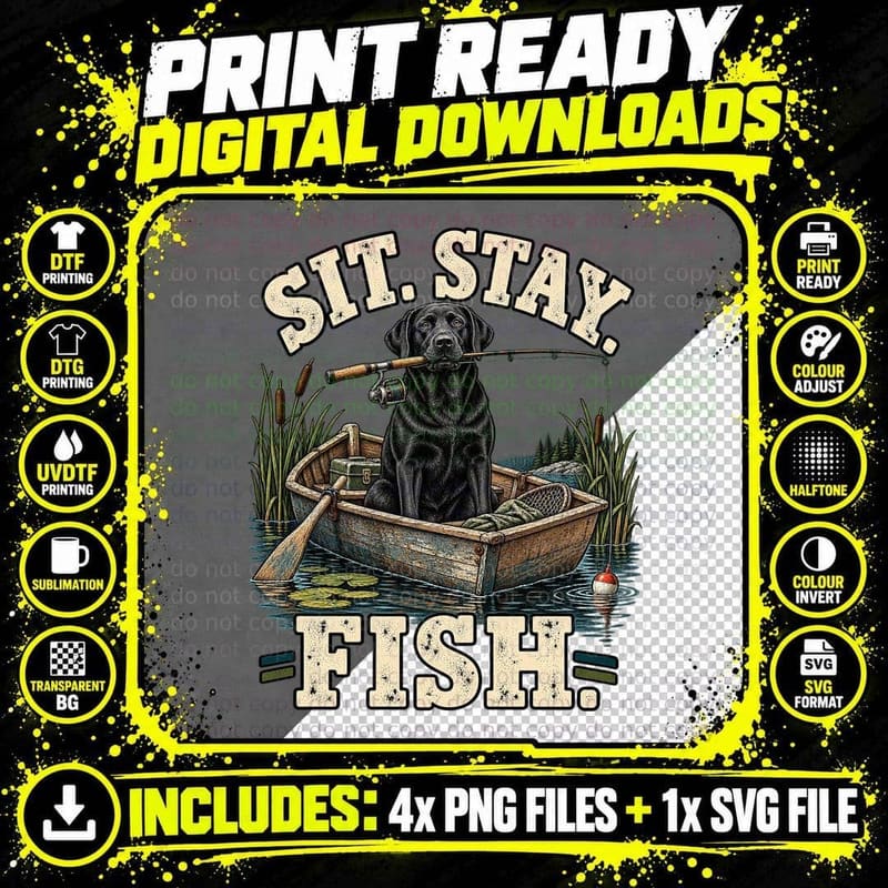 Black Labrador Fishing Dog Funny Angler Gift Vintage Png SVG Digital Bundle