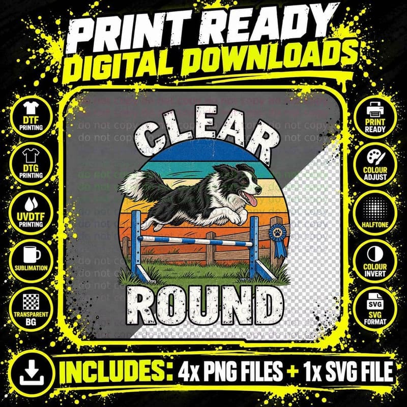 Border Collie Agility Dog Clear Round Retro Dog Sports Png SVG Digital Bundle