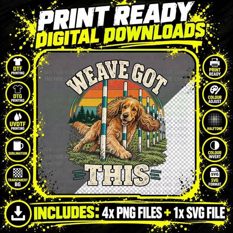 Cocker Spaniel Agility Retro Dog Sports Funny Weave Pole Png SVG Digital Bundle