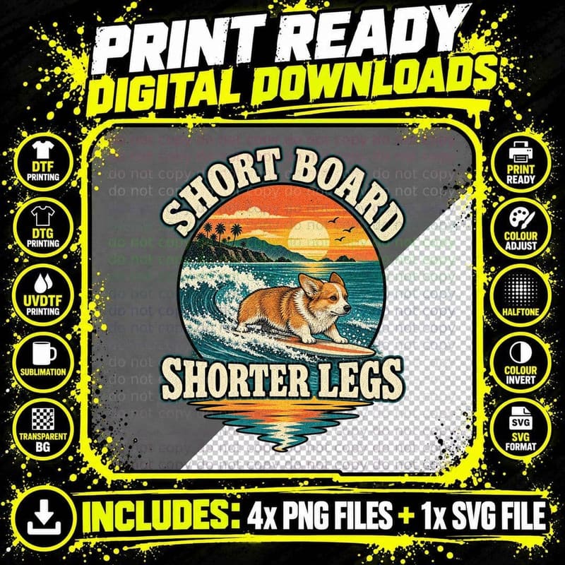 Corgi Surfing Retro Funny Surf Dog Beach Lover Summer Png SVG Digital Bundle