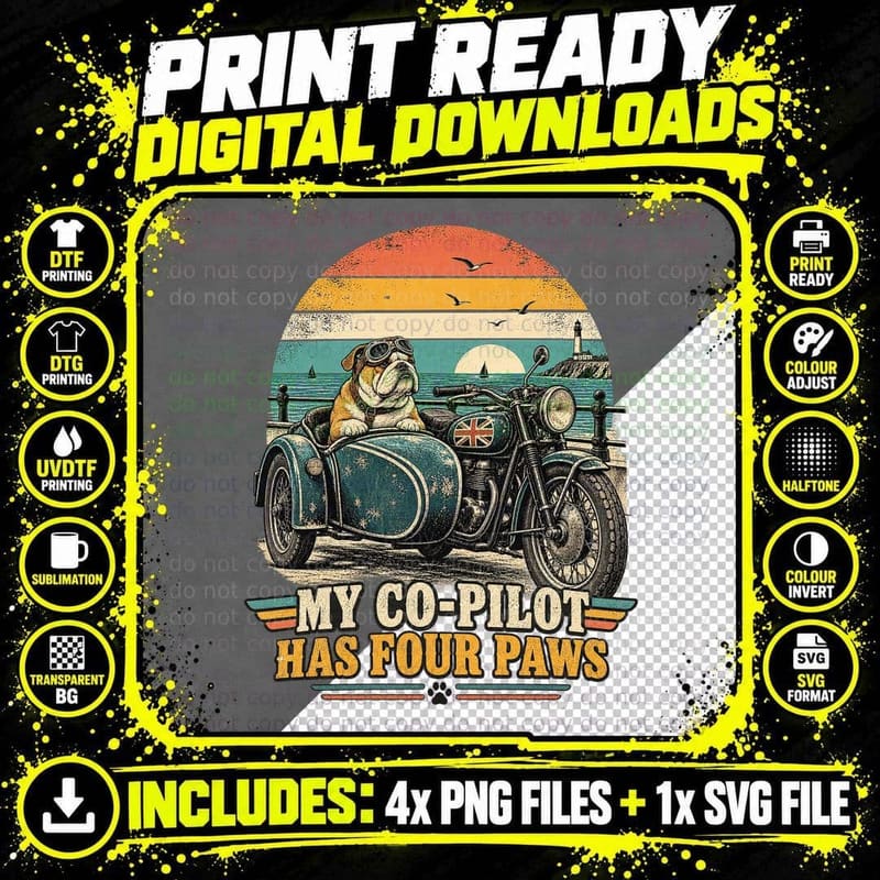 English Bulldog Motorcycle Retro Biker Dog Seaside Png SVG Digital Bundle