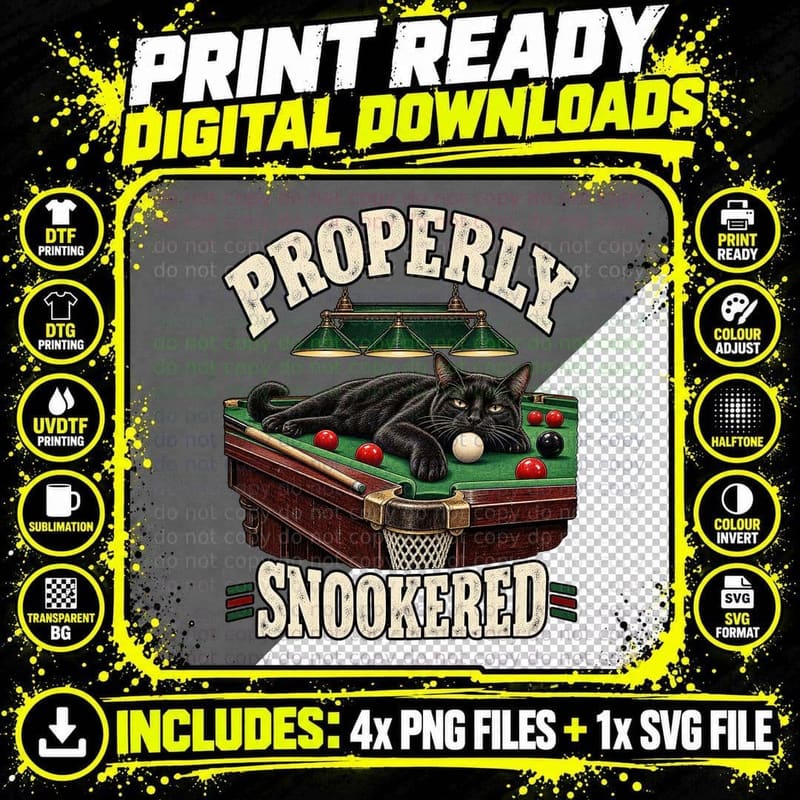 Properly Snookered Black Cat Lying on Snooker Table Funny Billiards T-Shirt Png SVG Digital Bundle