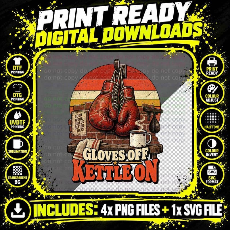 Gloves Off Kettle On Boxing Gym Brew Mug of Tea Funny Boxer Retro Sunset T-Shirt Png SVG Digital Bundle