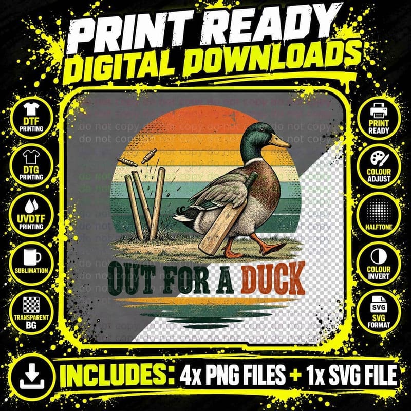 Funny Cricket Duck Retro Mallard Bird British Cricket Png SVG Digital Bundle
