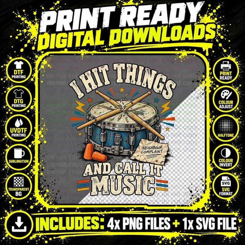 I Hit Things and Call It Music Snare Drum Sticks Earplugs Funny Drummer T-Shirt Png SVG Digital Bundle