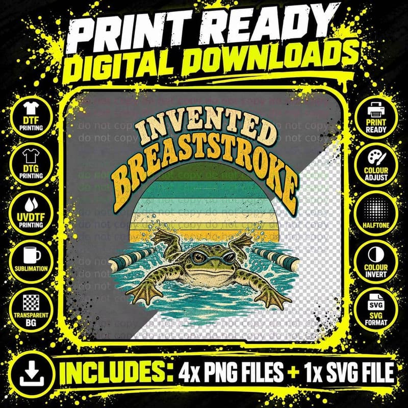Invented Breaststroke Frog Swimming Pool Lane Funny Swimmer Retro Sunset T-Shirt Png SVG Digital Bundle