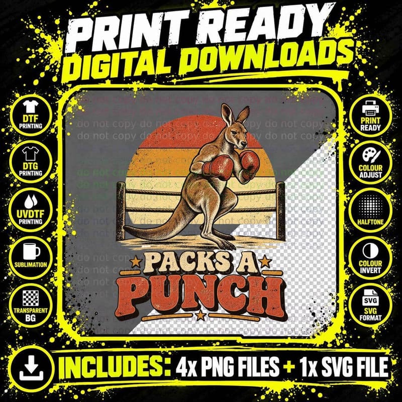 Packs a Punch Boxing Kangaroo Gloves Ring Funny Australian Boxer Retro T-Shirt Png SVG Digital Bundle