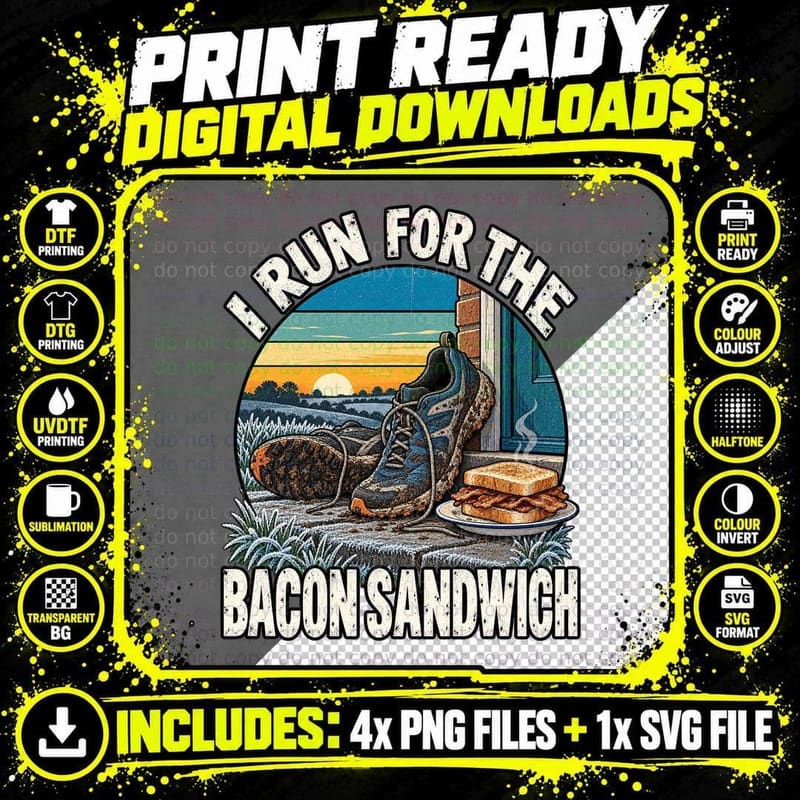 Funny Running Bacon Sandwich Retro Runner Breakfast Png SVG Digital Bundle