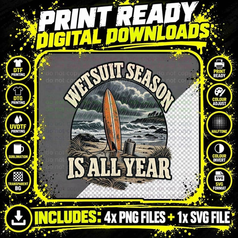Funny Surfing Retro Wetsuit Season All Year Surfer Beach Png SVG Digital Bundle