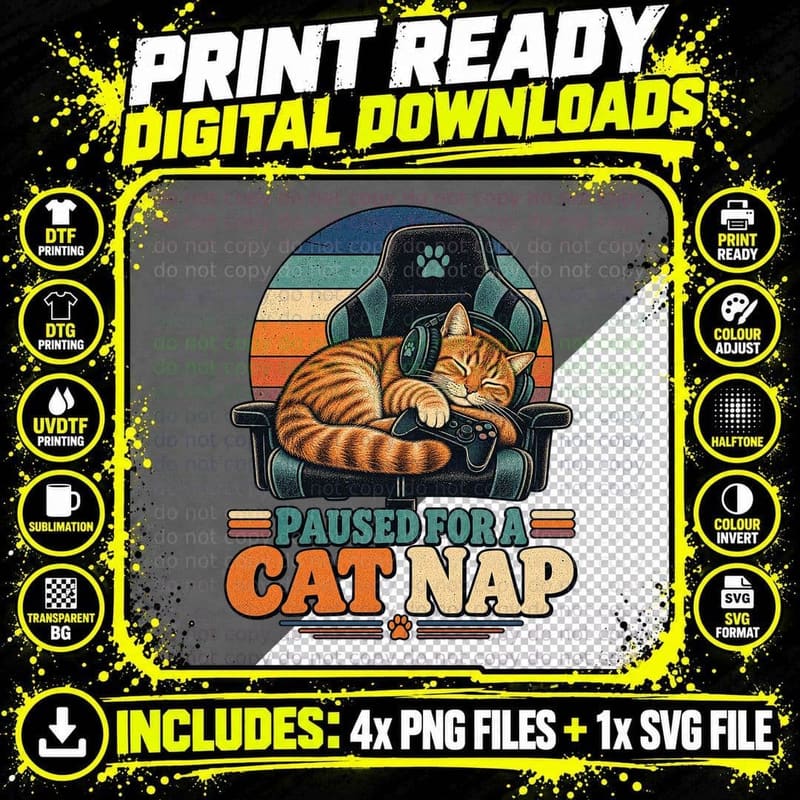 Paused for a Cat Nap Ginger Tabby Asleep Gaming Chair Funny Gamer Retro T-Shirt Png SVG Digital Bundle