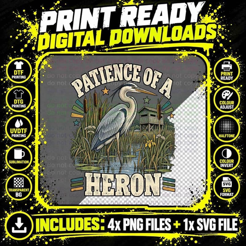 Patience of a Heron Grey Wader in Reeds Birdwatching Wildlife Retro T-Shirt Png SVG Digital Bundle