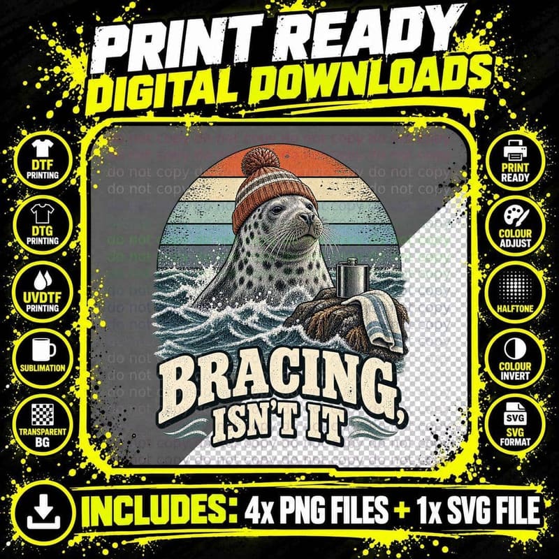 Grey Seal Cold Water Swimming Retro Vintage Coastal Png SVG Digital Bundle