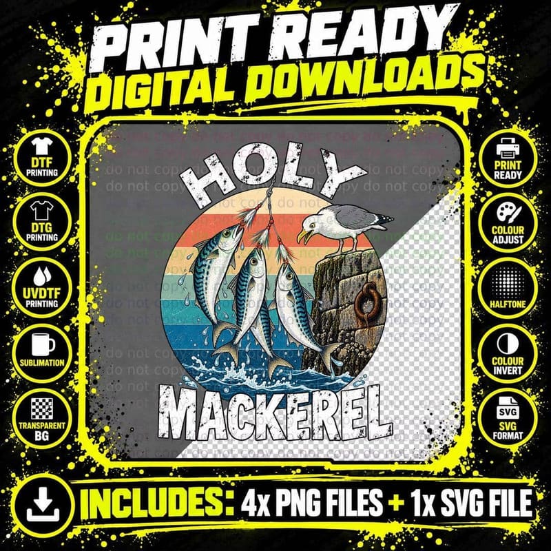 Holy Mackerel Funny Fishing Retro Sea Angler Mackerel Png SVG Digital Bundle
