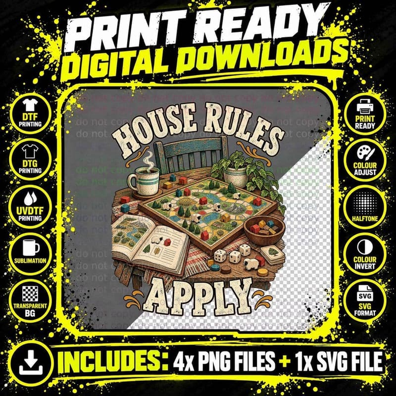 House Rules Apply Board Game Night Dice Rulebook Funny Tabletop Gamer T-Shirt Png SVG Digital Bundle