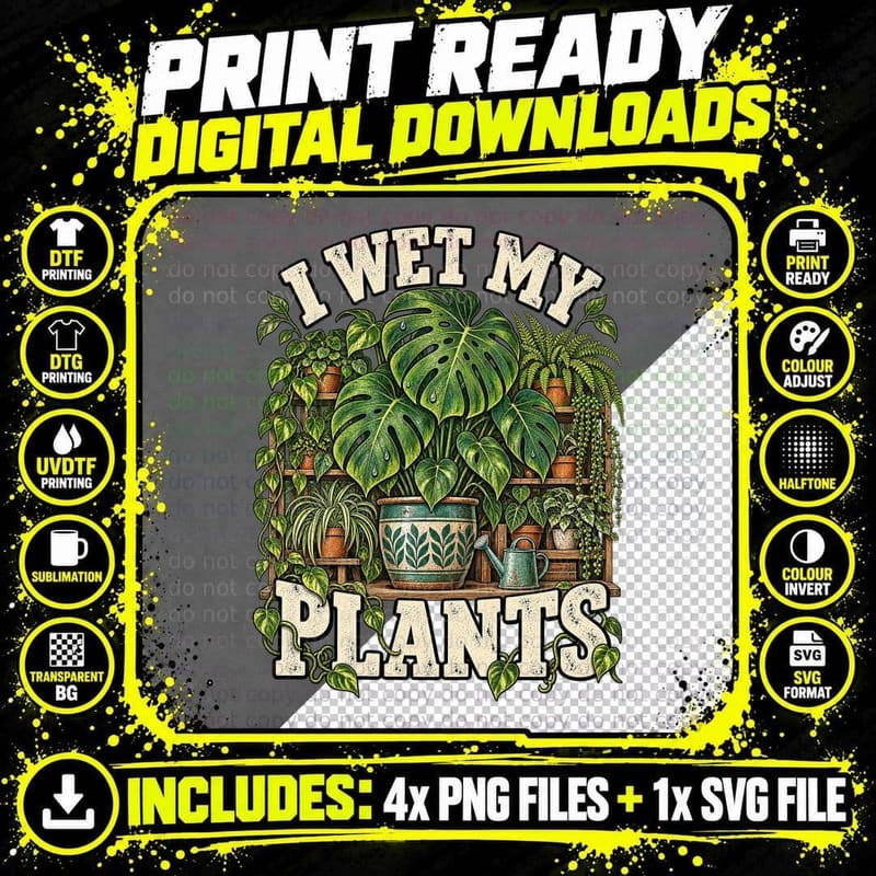 I Wet My Plants Monstera Houseplants Watering Can Funny Plant Lady Retro T-Shirt Png SVG Digital Bundle