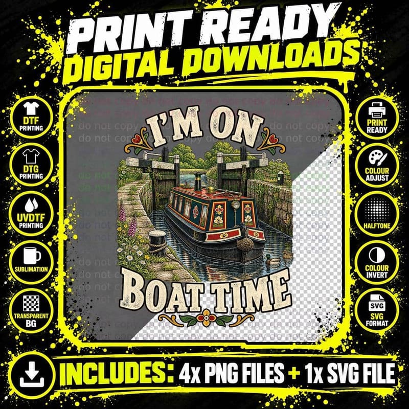 I'm on Boat Time Narrowboat Canal Lock Gates Painted Roses Boating Retro T-Shirt Png SVG Digital Bundle