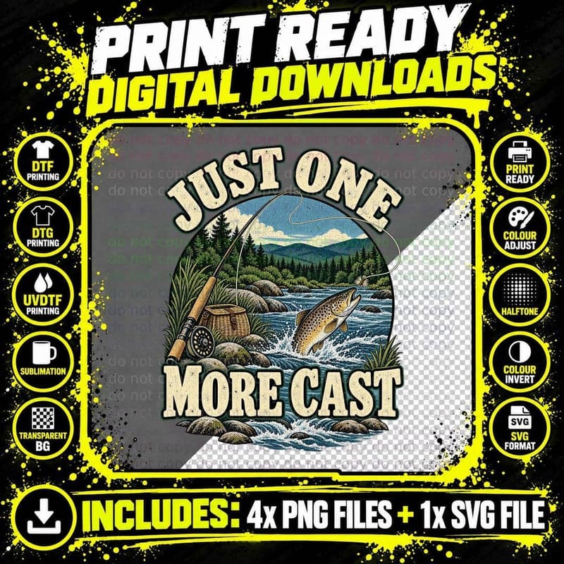 Just One More Cast Fly Fishing Brown Trout Retro Angler Png SVG Digital Bundle