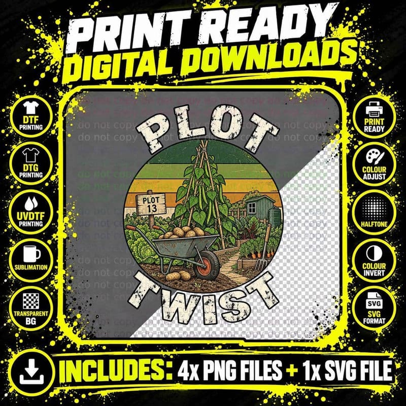 Plot Twist Allotment Gardening Retro Vegetable Grower Png SVG Digital Bundle