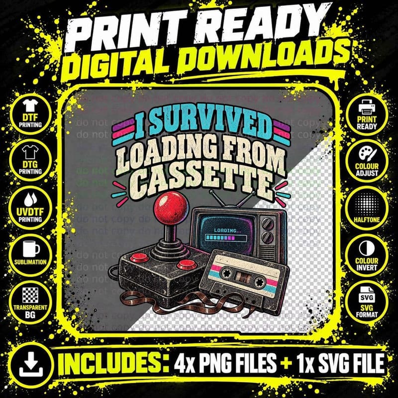 Retro 80s Gaming T-Shirt Cassette Loading Vintage Png SVG Digital Bundle