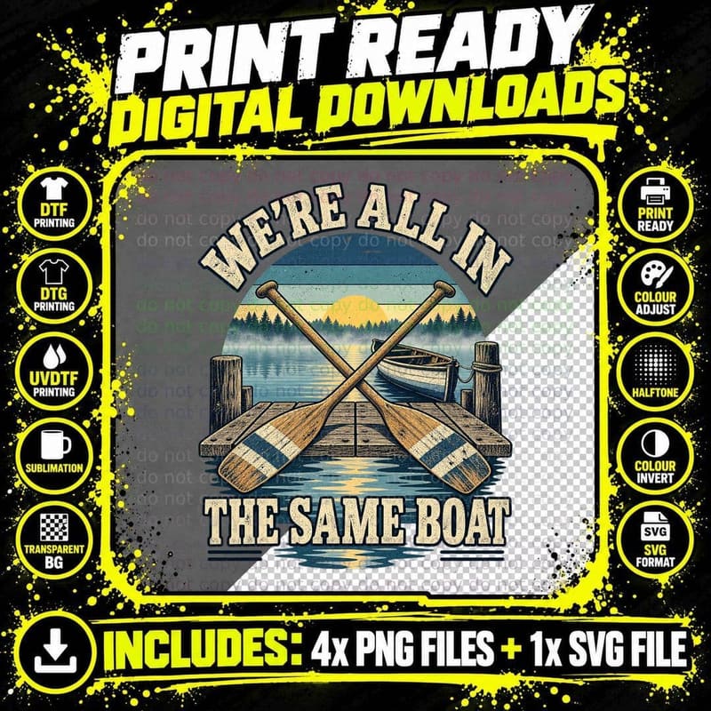 We're All in the Same Boat Crossed Oars Lake Jetty Rowing Club Retro T-Shirt Png SVG Digital Bundle