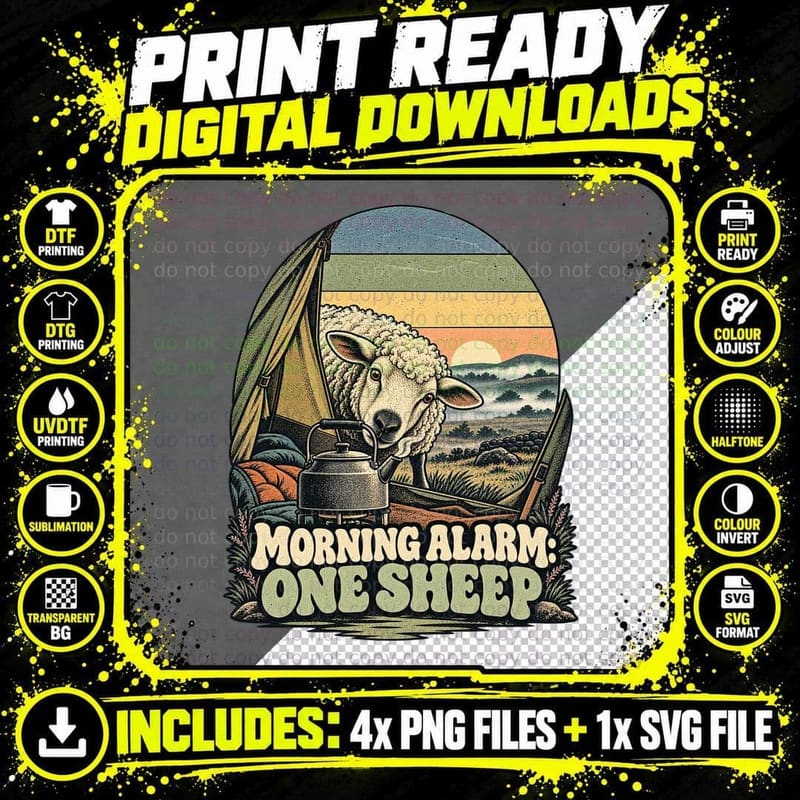 Morning Alarm One Sheep Peeking Into Tent Funny Camping Hiking Retro T-Shirt Png SVG Digital Bundle