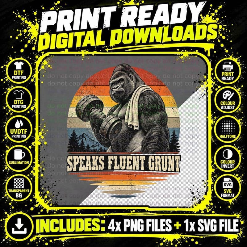 Speaks Fluent Grunt Silverback Gorilla Lifting Dumbbell Funny Gym Retro T-Shirt Png SVG Digital Bundle