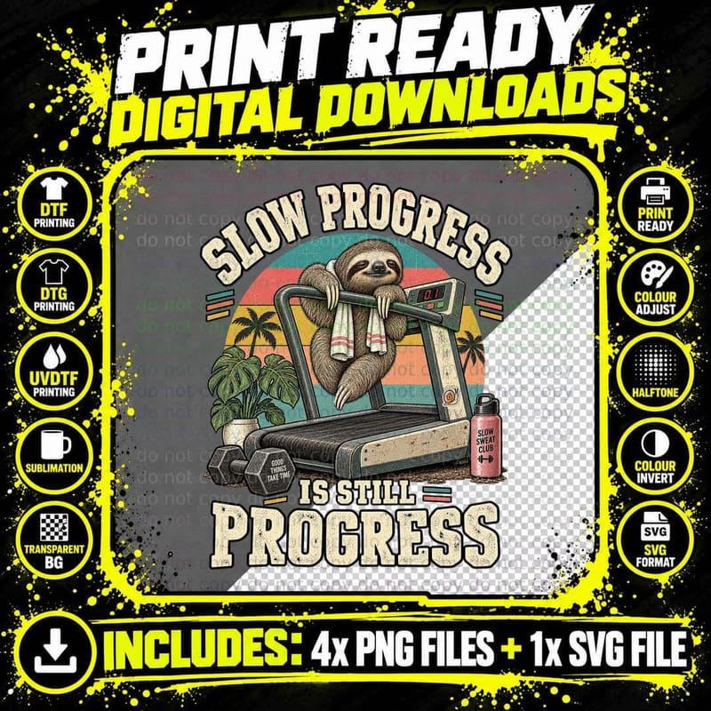 Sloth Gym Workout Retro Slow Progress Funny Fitness Png SVG Digital Bundle