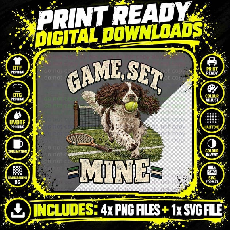 Game Set Mine Springer Spaniel Tennis Ball Racket Funny Dog Lover Retro T-Shirt Png SVG Digital Bundle