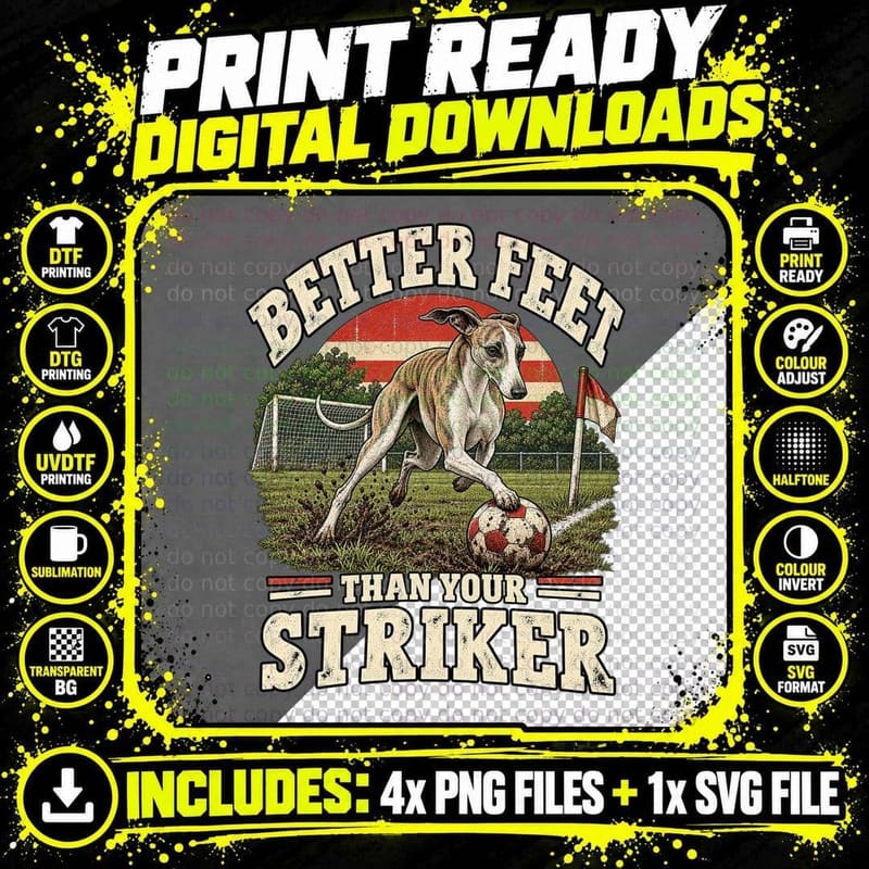Whippet Football Retro Funny Dog Soccer Sunday League Png SVG Digital Bundle