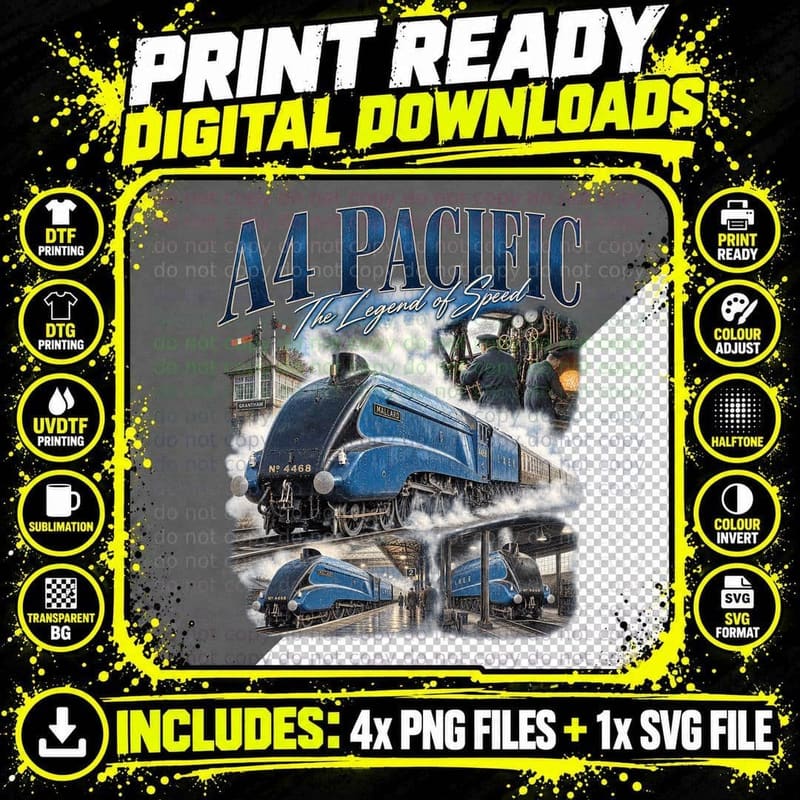 A4 Pacific Legend of Speed Blue Streamlined LNER Steam Locomotive 4468 T-Shirt Png SVG Digital Bundle