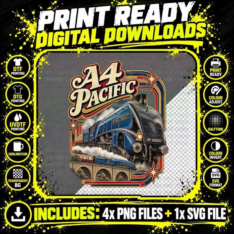 A4 Pacific Steam Locomotive Vintage Retro Railway Train Png SVG Digital Bundle