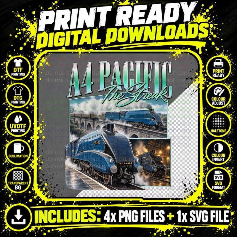 A4 Pacific The Streak Vintage Railway UK Steam Train Png SVG Digital Bundle