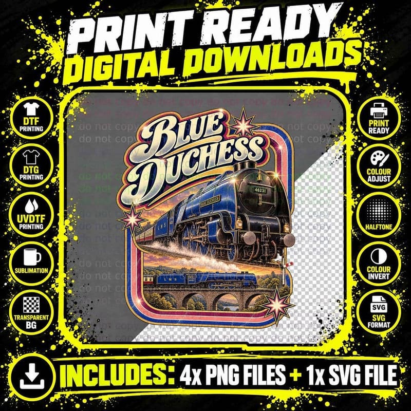 Blue Duchess Steam Locomotive Vintage LMS Railway Png SVG Digital Bundle