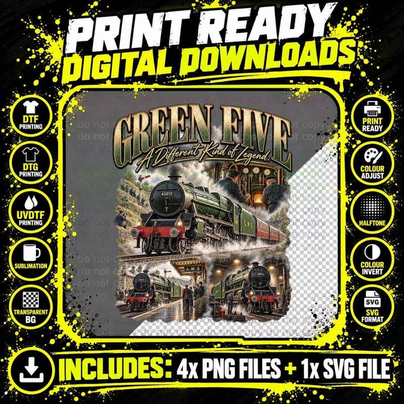 Green Five Black Five Steam Locomotive Retro Railway Png SVG Digital Bundle