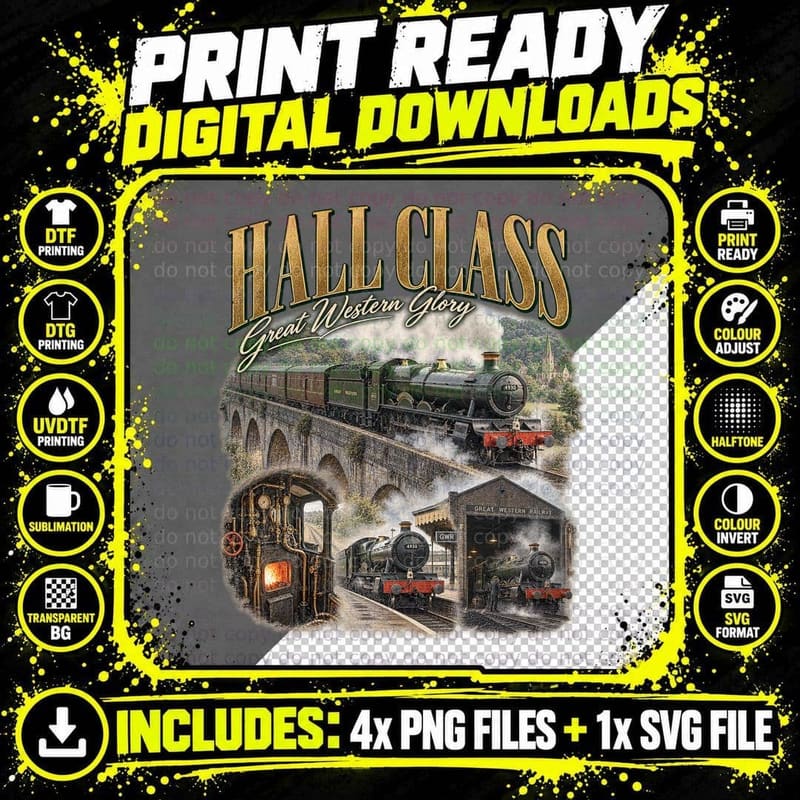 Hall Class Great Western Glory Green GWR Steam Locomotive 4930 Viaduct T-Shirt Png SVG Digital Bundle