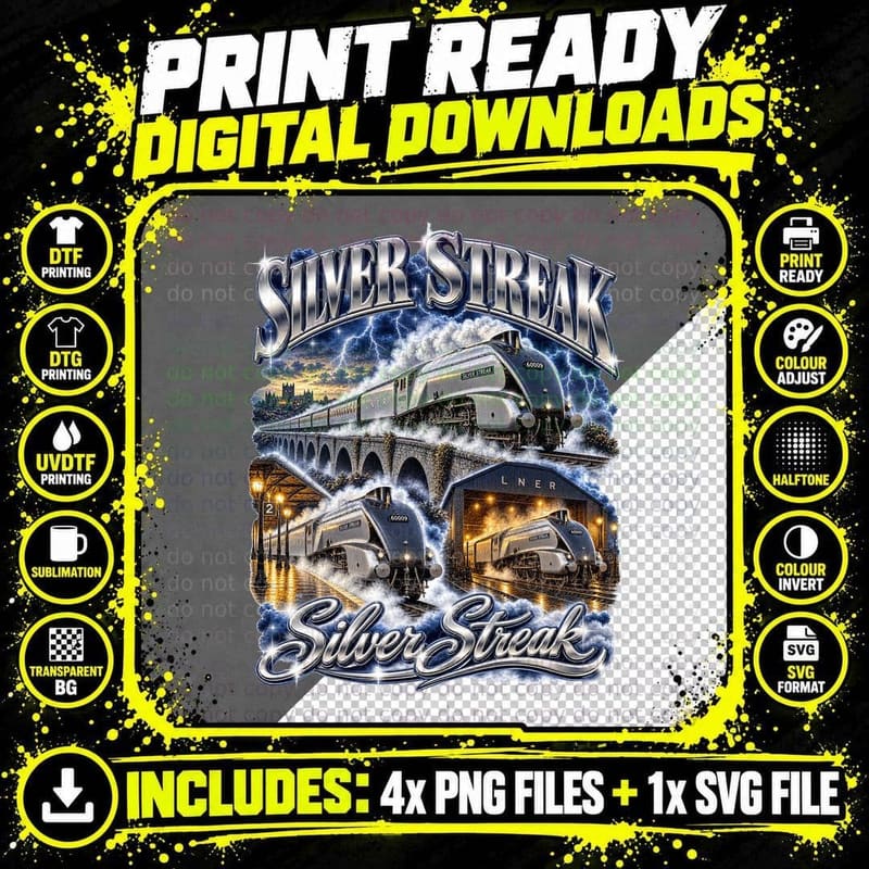 Silver Streak A4 Pacific Steam Locomotive Vintage LNER Png SVG Digital Bundle