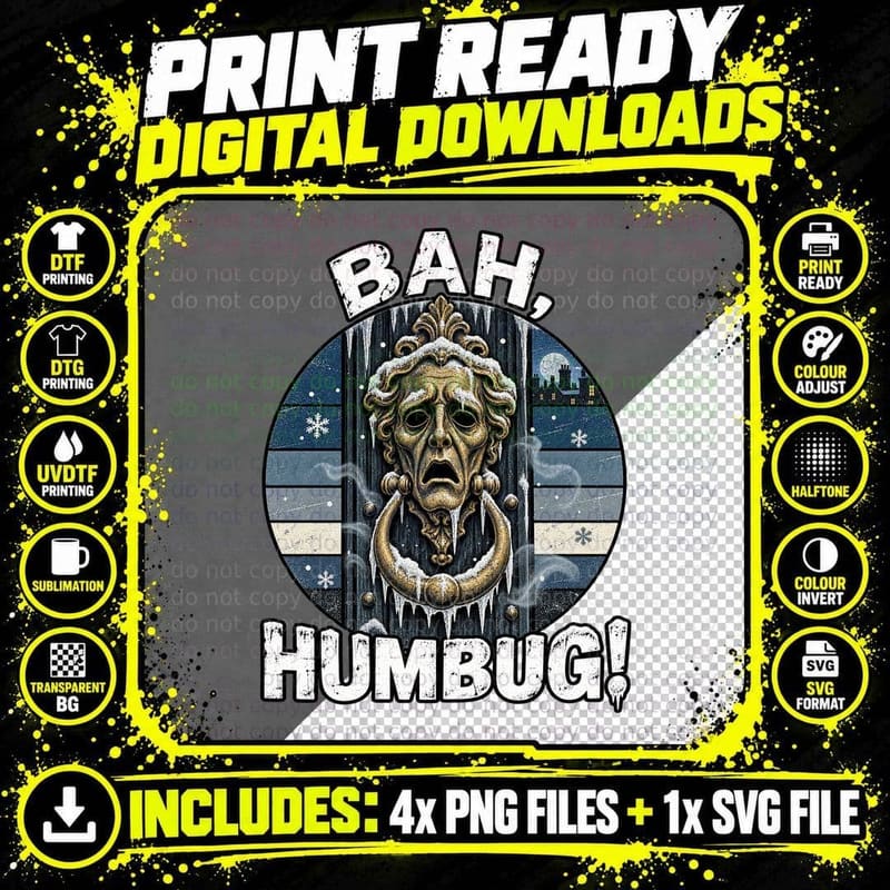 Bah Humbug Scrooge Christmas Carol Door Knocker Retro Vintage Gothic T-Shirt Png SVG Digital Bundle