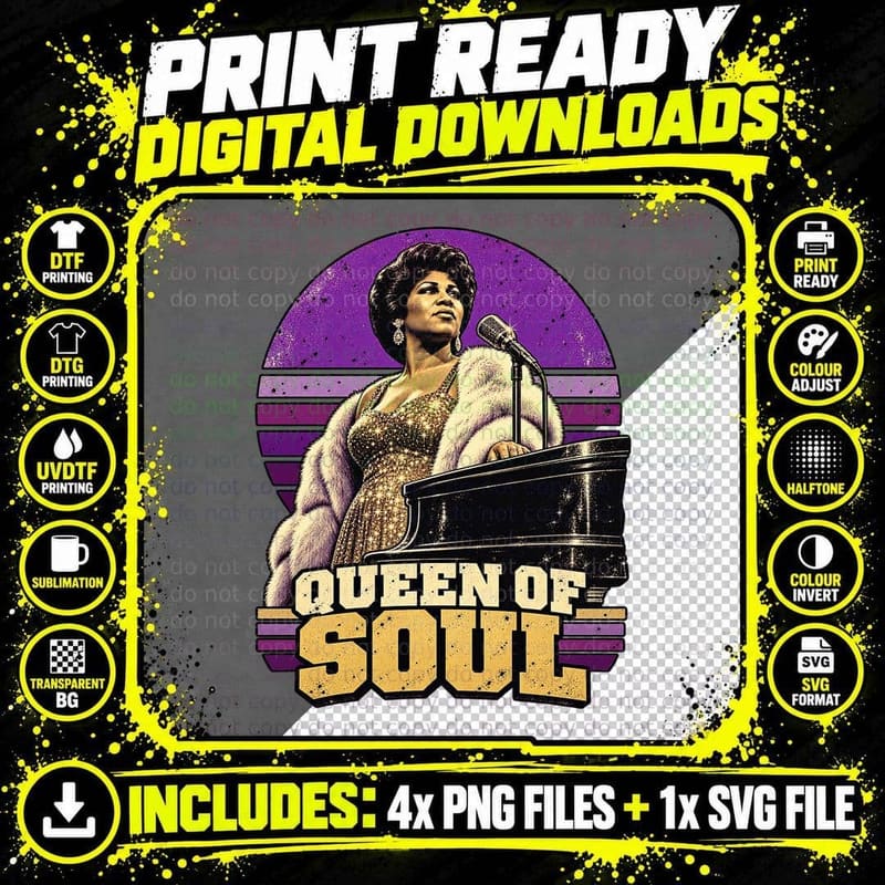 Queen of Soul Aretha Gold Gown Fur Coat Piano 60s Singer Retro Sunset T-Shirt Png SVG Digital Bundle