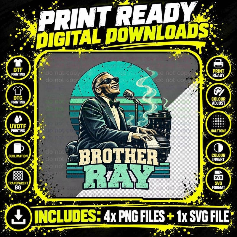 Brother Ray 50s Soul Blues Piano Man Sunglasses Microphone Retro Sunset T-Shirt Png SVG Digital Bundle