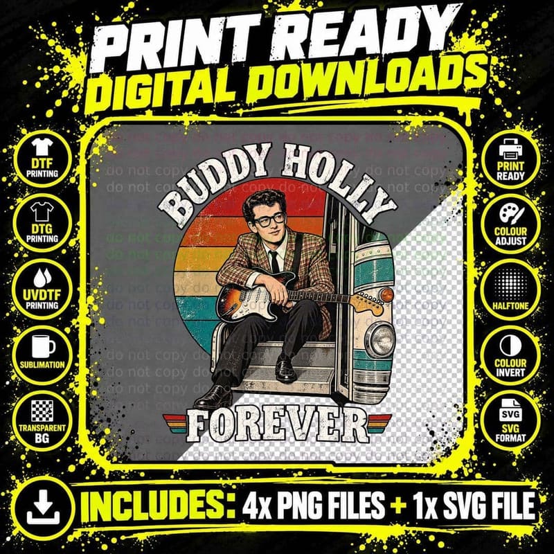 Buddy Forever 50s Rock and Roll Singer Horn Rimmed Glasses Guitar Retro T-Shirt Png SVG Digital Bundle