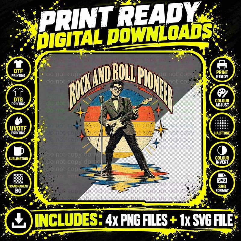 Rock and Roll Pioneer Buddy 50s Rockabilly Glasses Electric Guitar Retro T-Shirt Png SVG Digital Bundle