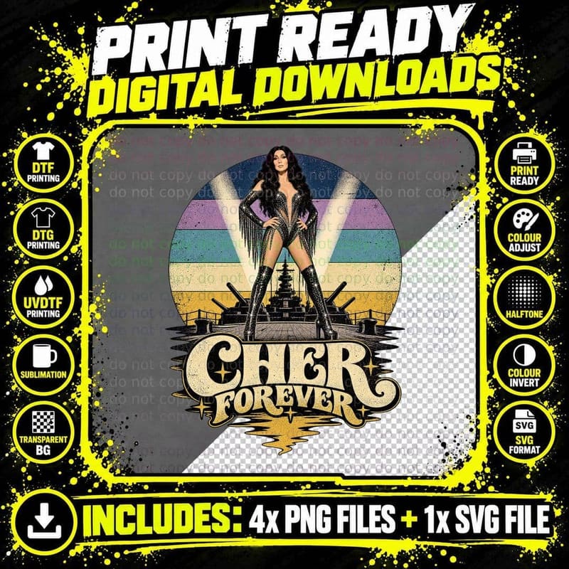 Cher Forever 80s Pop Queen Black Stage Outfit Battleship Retro Sunset T-Shirt Png SVG Digital Bundle
