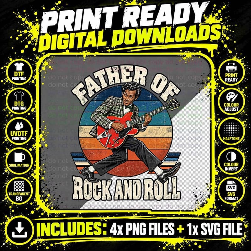 Father of Rock and Roll Chuck 50s Guitarist Checked Jacket Red Guitar T-Shirt Png SVG Digital Bundle