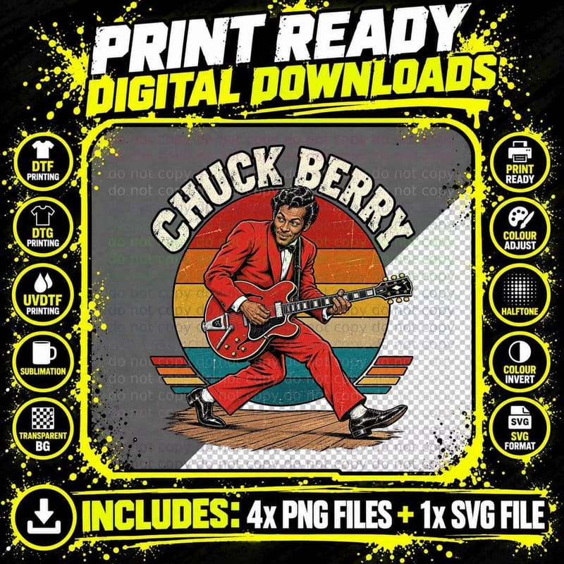 Chuck 1950s Rock Legend Red Suit Duckwalk Electric Guitar Vintage Sunset T-Shirt Png SVG Digital Bundle