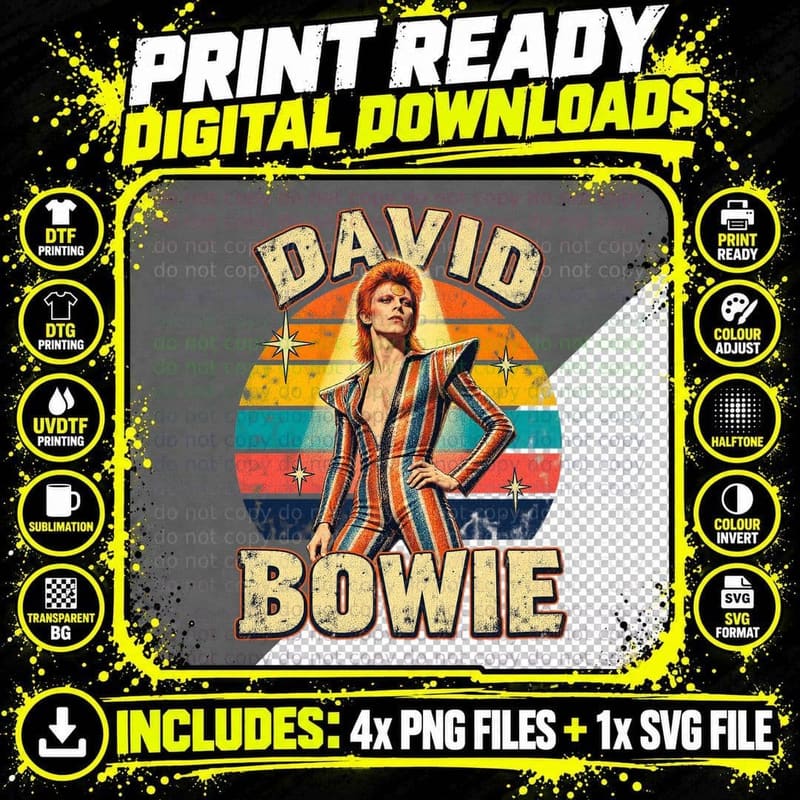 David 70s Glam Rock Singer Red Mullet Striped Jumpsuit Retro Sunset T-Shirt Png SVG Digital Bundle