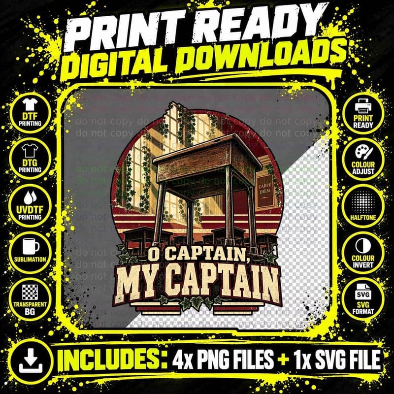 Dead Poets Society Vintage O Captain My Captain Dark Png SVG Digital Bundle