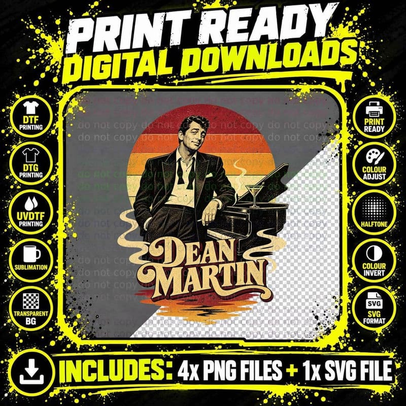 Dean 50s Crooner Leaning on Piano Martini Glass Tuxedo Vintage Lounge T-Shirt Png SVG Digital Bundle