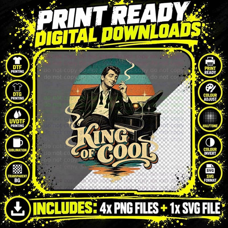 King of Cool Dean Smooth Crooner Cigarette Piano Martini 60s Vegas Retro T-Shirt Png SVG Digital Bundle