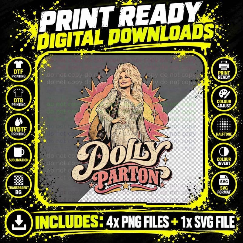 Dolly Country Music Legend White Fringe Rhinestone Gown Guitar Retro T-Shirt Png SVG Digital Bundle