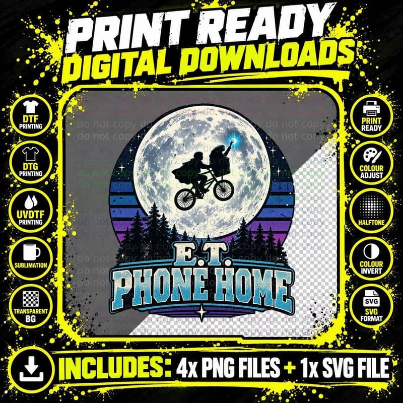Phone Home Flying Bicycle Full Moon 80s Sci Fi Alien Movie Retro Vintage T-Shirt Png SVG Digital Bundle